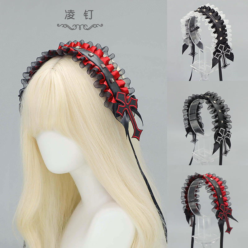 Dark Gothic Punk Rivet Headband Subculture Y2K Niche Hair Accessory Lace Rivet Cross Versatile Hair Ornament - Lolita Fetch