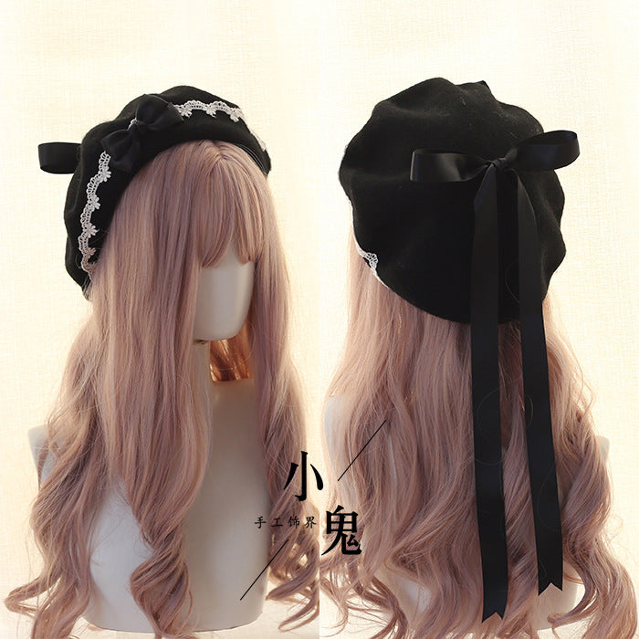 Beret Lolita Sweet Woolen Handmade Lace Bow Beret for Girls - Lolita Fetch