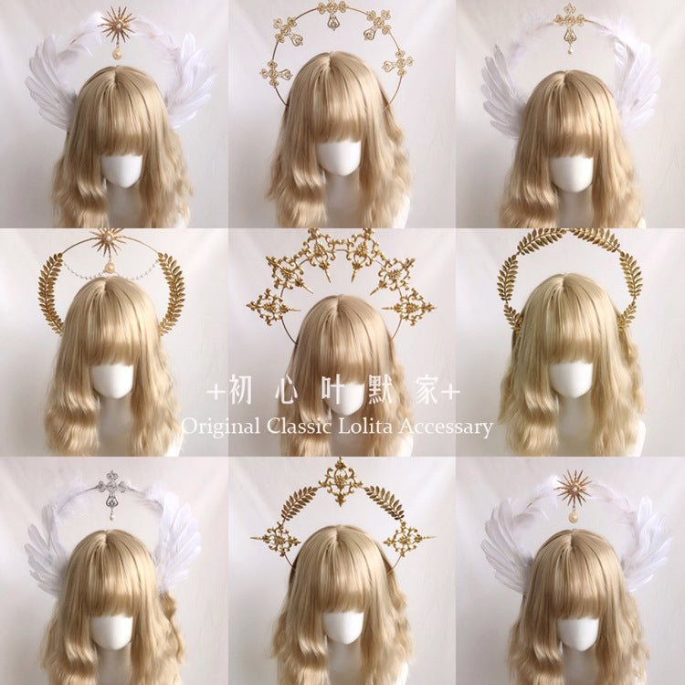 Lolita Virgin Mary Halo Headband Wheat Cross Feather Church Pope Gold Hair Accessory Catwalk Photo Prop - Lolita Fetch