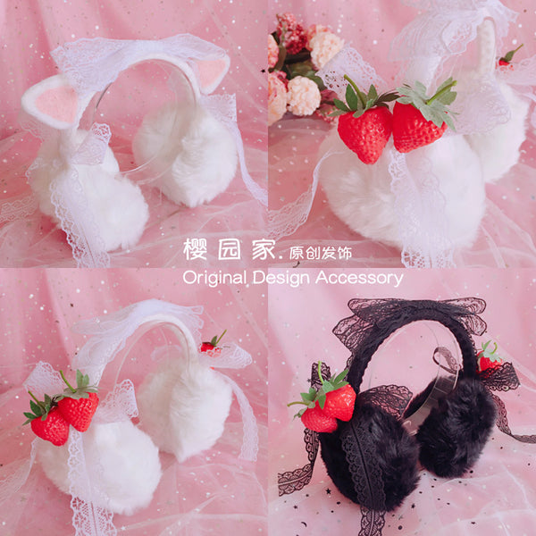 Christmas Warm Winter Lolita Plush Ear Muffs Strawberry Cat Ear Cute Ear Muffs Beautiful Lace Ear Covers - Lolita Fetch