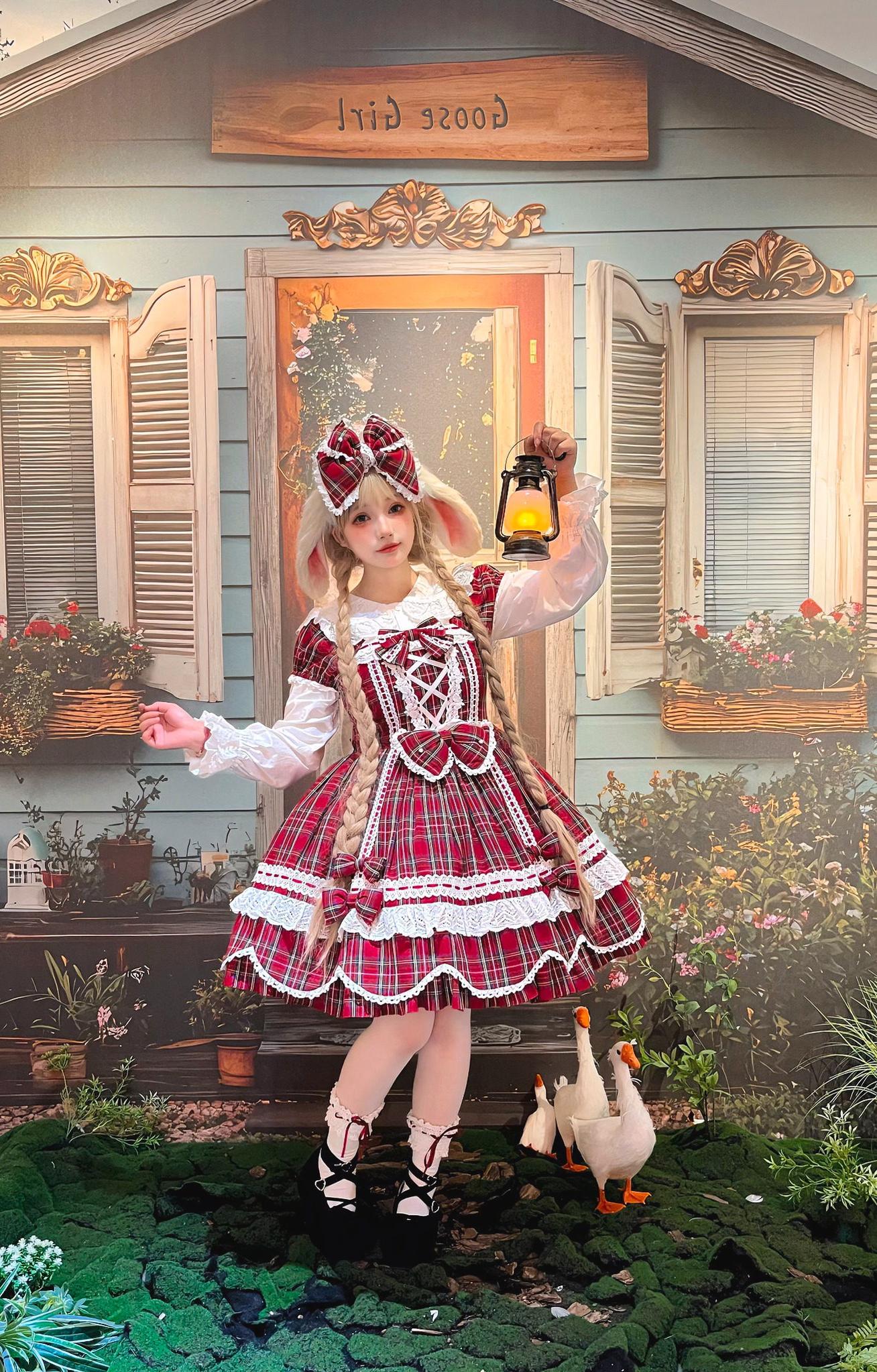 Miss Point - Plaid Petal Bunny - Old School Lolita Plaid OP Dress, Petal-shaped Hem