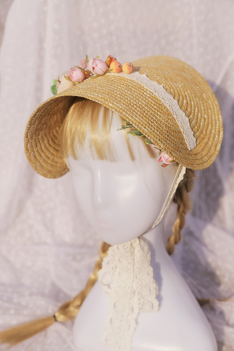 Wanqian Original Straw Hat Flat Hat Lolita Handmade Tea Party Pastoral Bonnet French Retro Photo Bntbb Hat