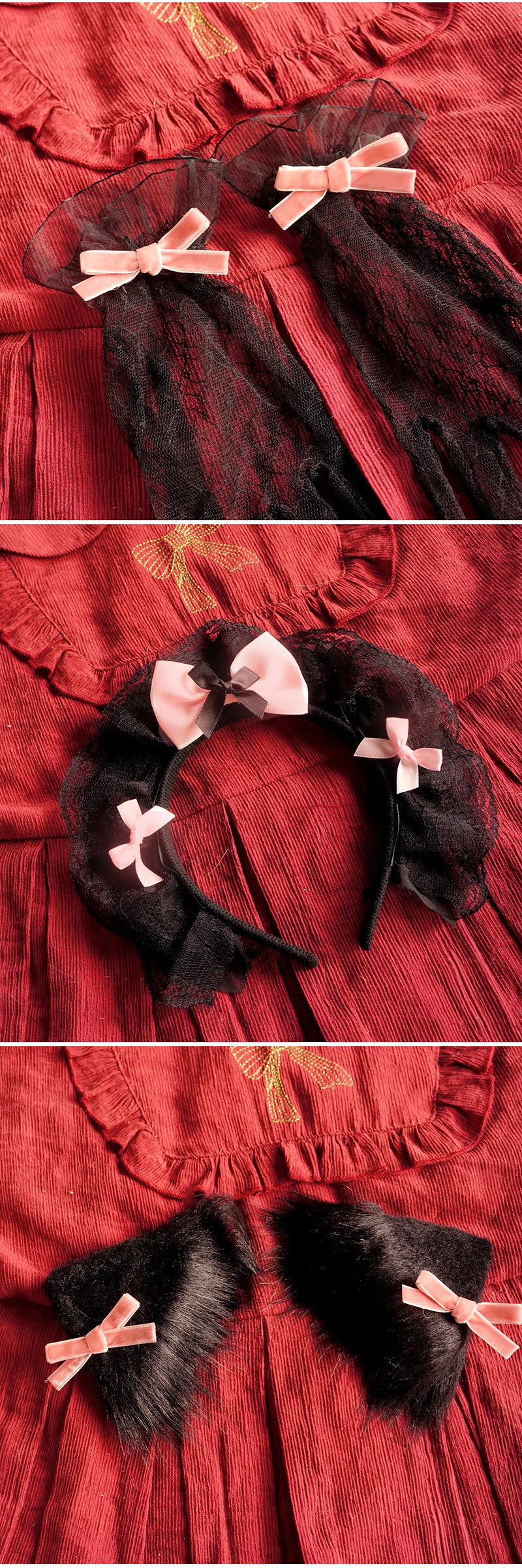 Black and pink Lolita headwear with a sweet French flat hat design, featuring handmade kitten accents and decorative small details.
