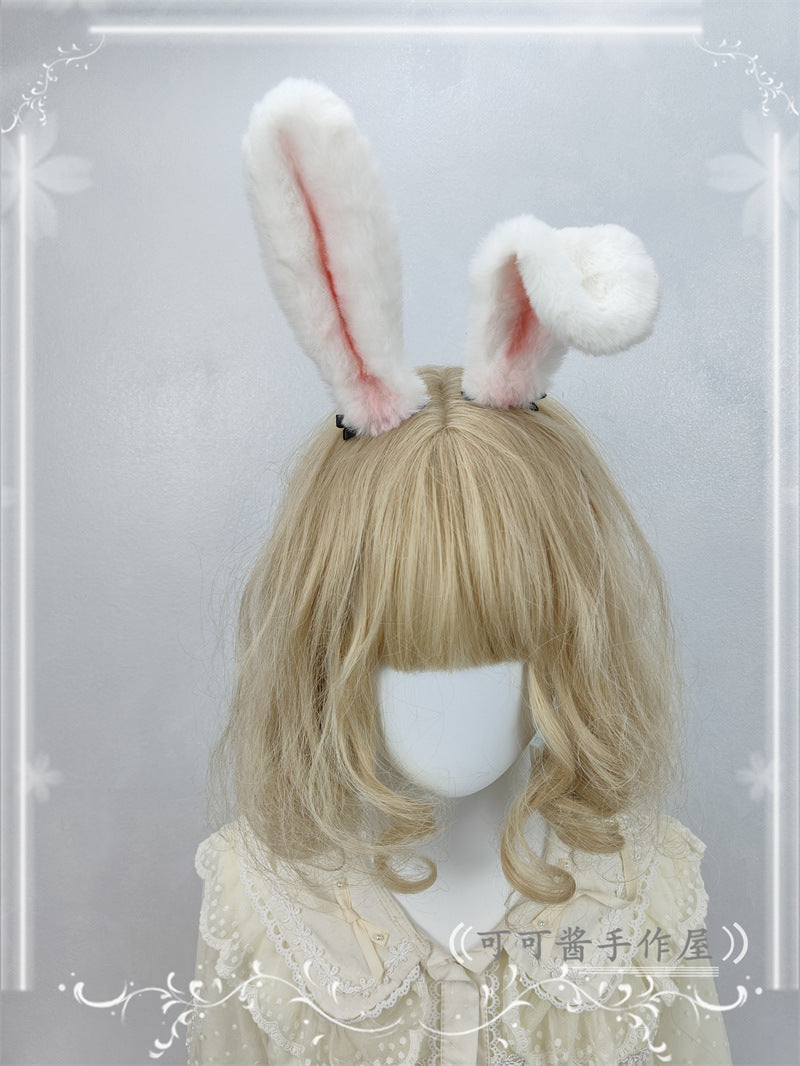 Pure white realistic rabbit ear hair clip and headband from LolitaFetch, plush bunny accessory for cosplay or Lolita fashion.