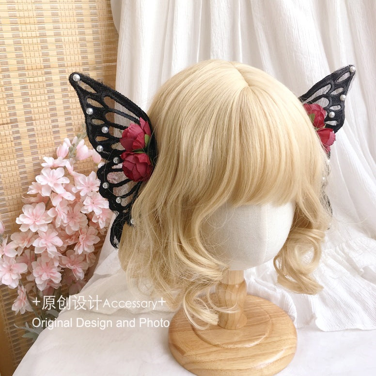Handmade Lolita Rose Imitation Lace Butterfly Large Hair Clip Fairy Hairpin Halloween