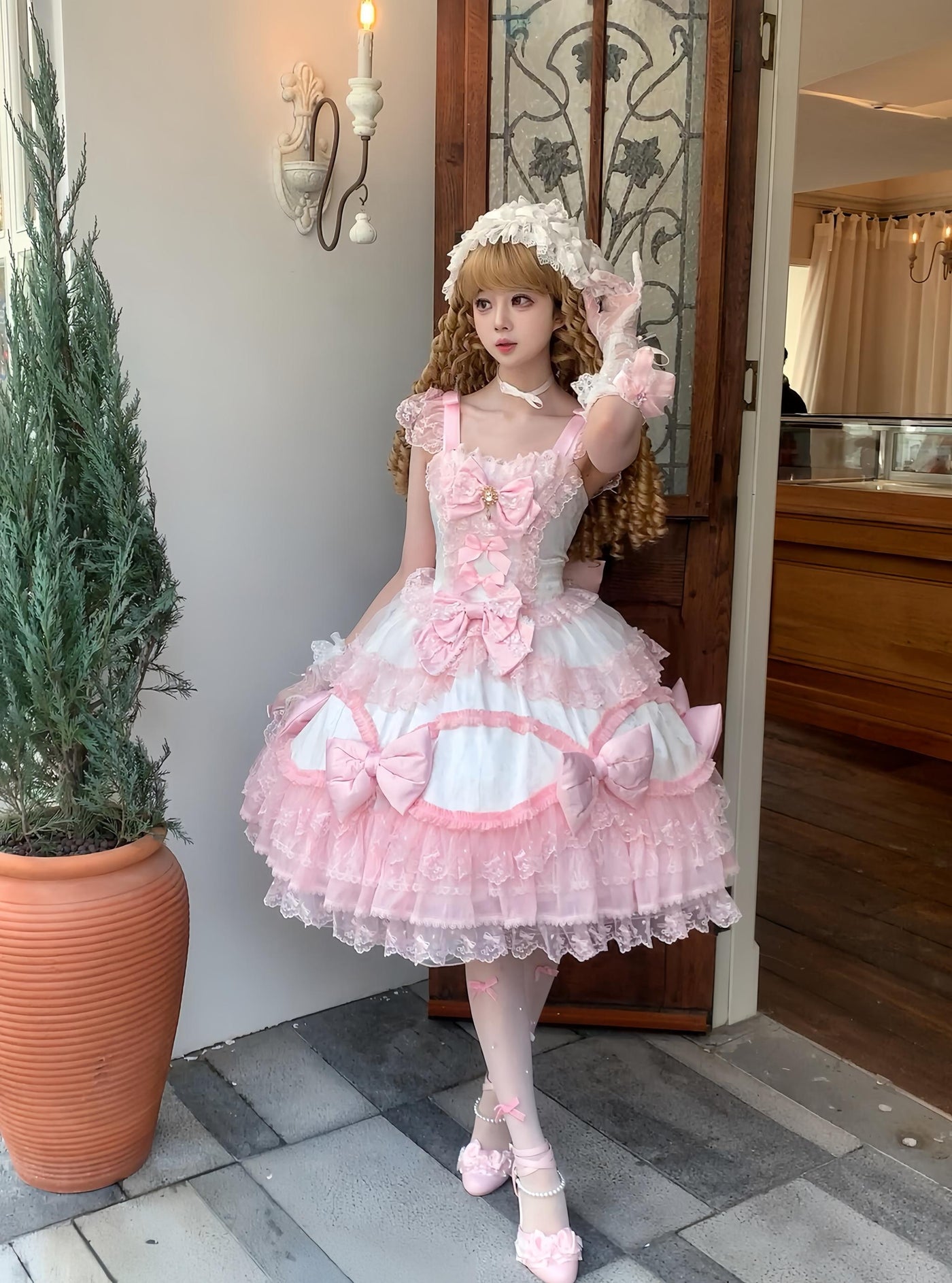 Floral Dream Isle - Sweet Lolita Doll-like JSK Dress, Bows & Lace White-pink JSK + Train + White-pink Hairband S
