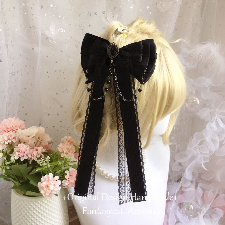 Subculture Lolita Girl Hair Clip Bow Ribbon Fairy Hair Accessory Lolita Bead Chain Hairpin Side Clip Top Clip