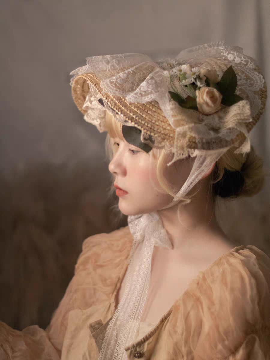 Original Straw Hat Flat Hat Lolita Handmade Gorgeous Elegant Tea Party Pastoral French Style Photo Bonnet Bntbb Hat