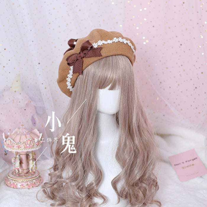 Lolita Pancake Beret - Sweet Cute Woolen Hat with Daisy Bow for Girls