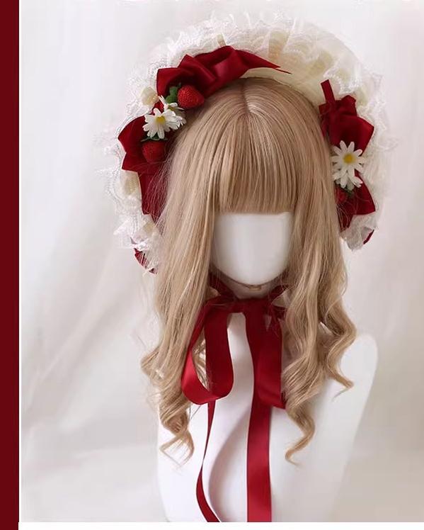 Xiaogui - Sweet Lolita Hat Strawberry Bonnet - with Lace and Bow Headwear