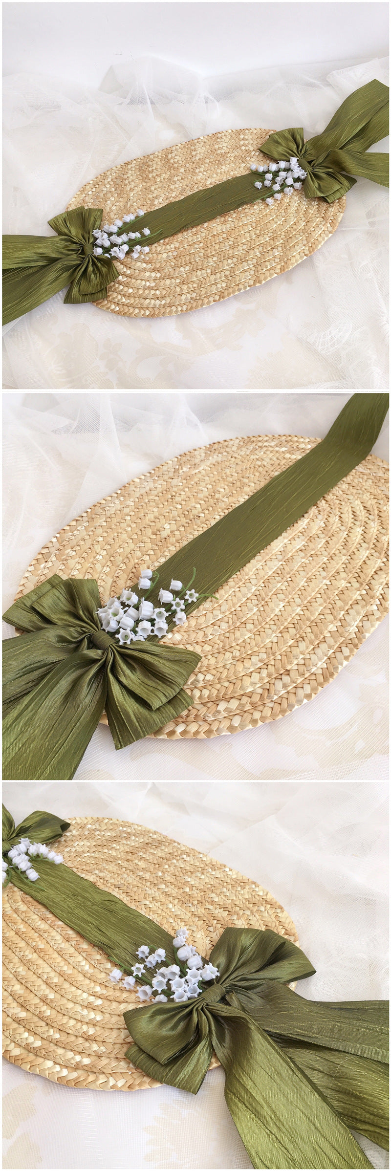 Original French Pastoral Lolita Handmade Lily of the Valley Forest Style Bowknot Bnt Flat Hat Straw Hat Photo Shoot Catwalk C