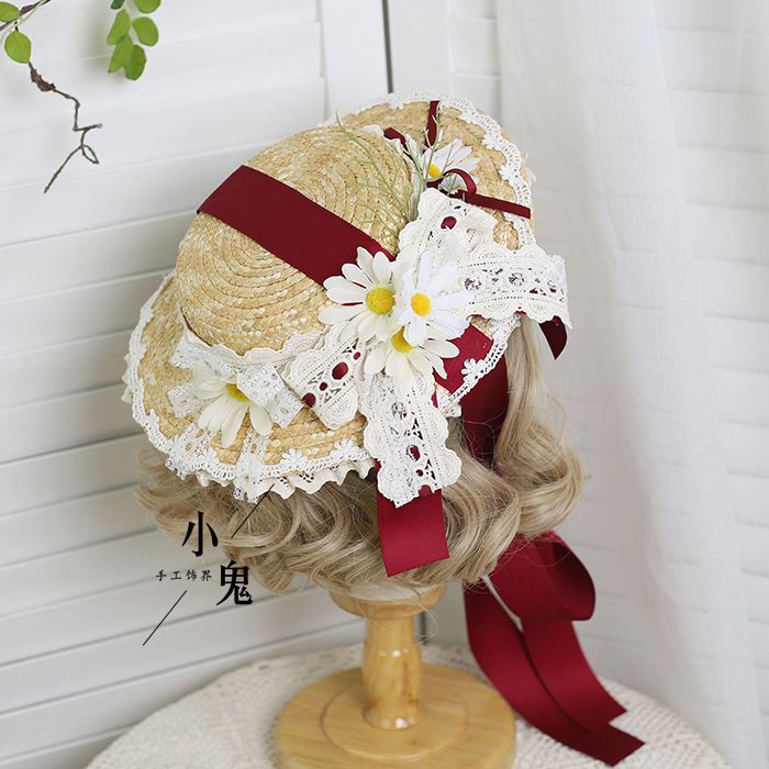 Original Lolita Straw Hat Flower Elegant Flat Hat Top Hat Bridal Tea Party Gorgeous Hat Han Western Eclectic Reminiscence