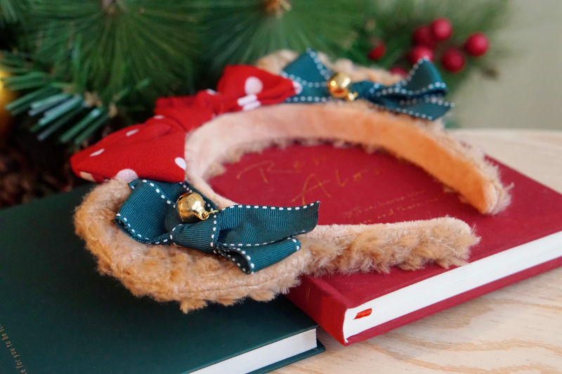 Handmade Lolita Bear Ear Bow Christmas hairband by LolitaFetch featuring festive red and white fabric with bear ear accents.