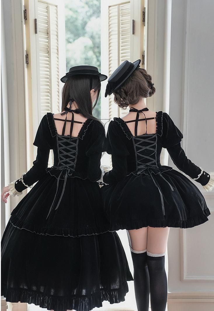 With PUJI - Apocalypse - Gothic Lolita Velvet OP Dress Set, Fishbone Waist