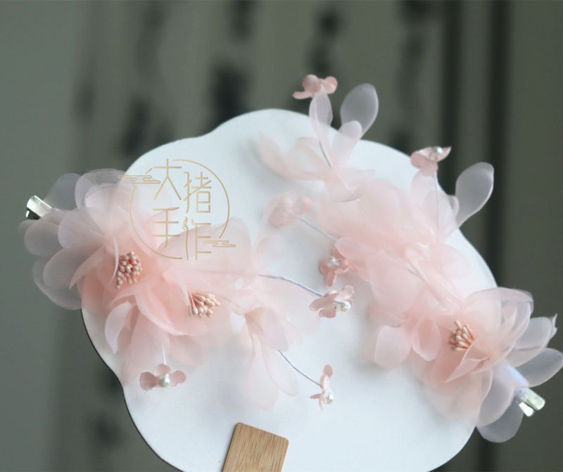 Ancient Style Pink Sheer Flower Branch Hair Clip Fairy Hairpin Ancient Costume Elegant Hanfu Lolita Hair Accessory Headwear