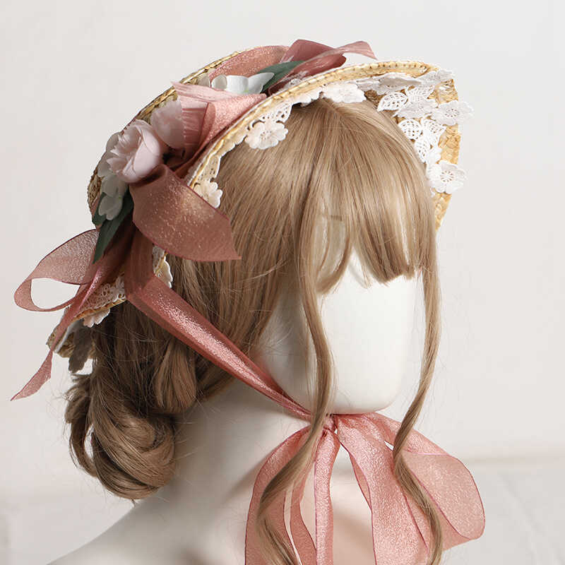 Lolita Flower Straw Hat for Women Summer Flat Hat Lolita Sun Protection Shade Han Yang Eclectic Mori Style Hat for Women