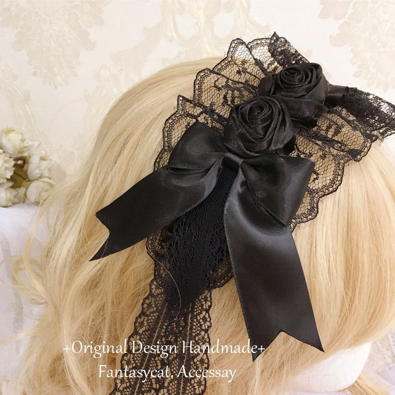 Lolita Vintage Girl Handmade Elegant Retro Black Flower Hair Clip Headband - Dark Hair Accessory