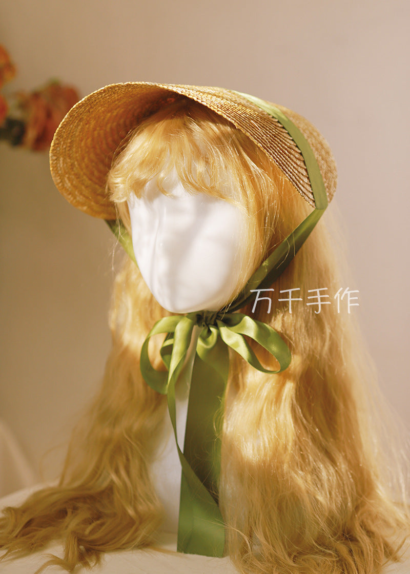 Vintage French Lolita Hat Straw Flat Hat DIY Handmade Vintage Accessories Bnt Lace Strap Hat