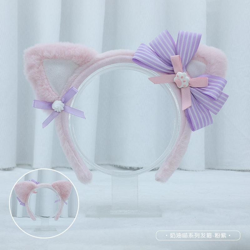 Handmade Lolita Cream Cat Ear Headband - Plush Kawaii Hair Accessory