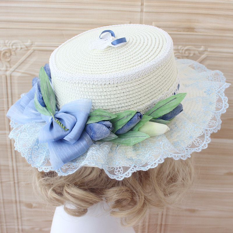 Original Handmade Pink Tulip Lolita Small Sun Hat Straw Hat Oil Painting Style Travel Photography Woven Bag Basket - Lolita Fetch
