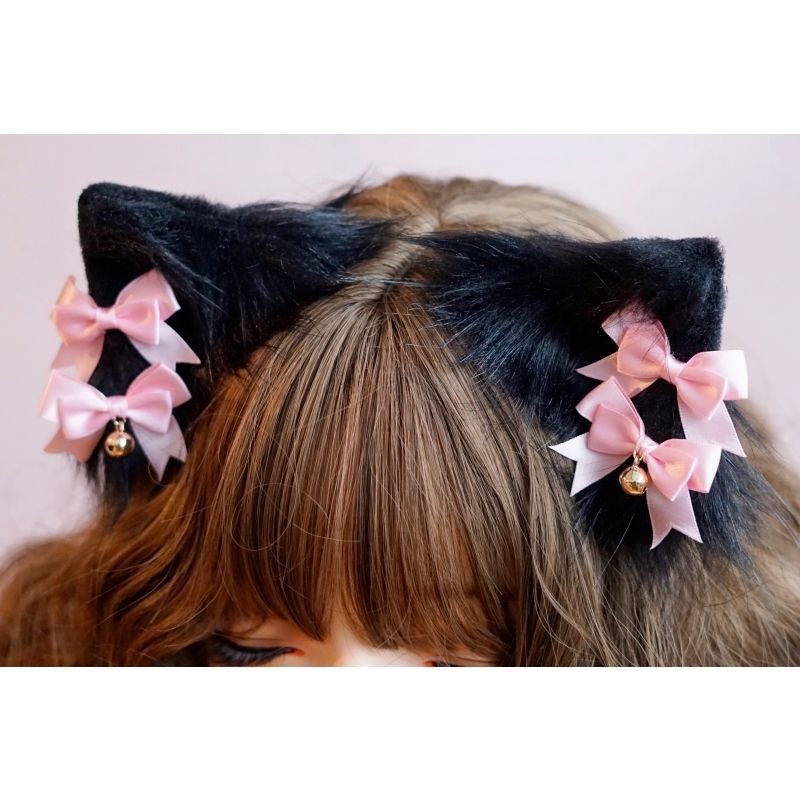 Original Handmade Faux Fur Plush Cat Ear Animal Ear Bow Hair Clip Side Clip Black Pink Japanese Lolita