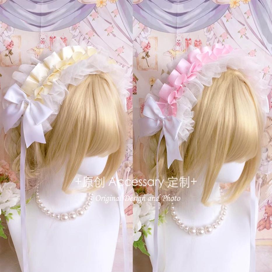 Homemade Doll-Style Lace Headband Lolita Hair Accessory Natural Color Hair Ornament Pink and White Bridal Handmade Small Item