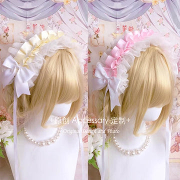 Homemade Doll-Style Lace Headband Lolita Hair Accessory Natural Color Hair Ornament Pink and White Bridal Handmade Small Item