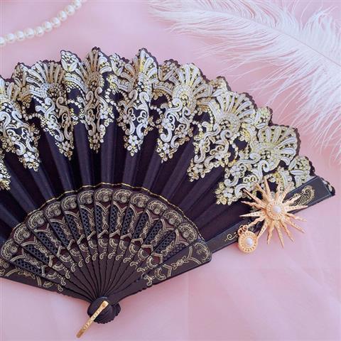 Lolita Lace Fan Gorgeous Retro European Style Rose Folding Fan Tea Party Dark Gothic Comic Con Cosplay Prop