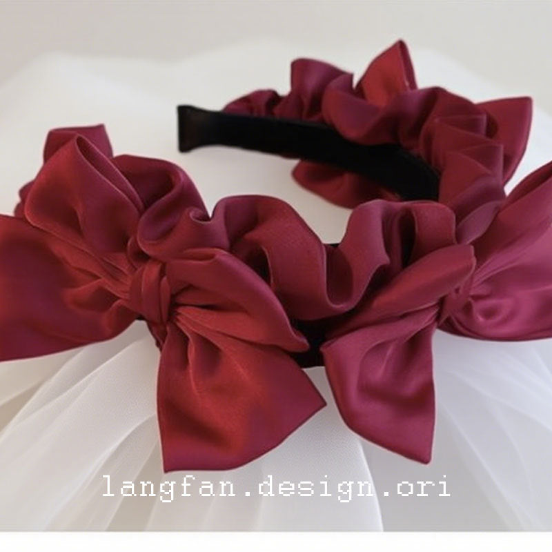 Original Handmade Red Wine Red Bow Hairband Headband Japanese Korean Lolita Ruffled Frill