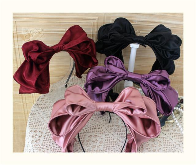 Handmade oversized satin and lace Lolita hairband with bow, stylish headwear accessory by LolitaFetch.