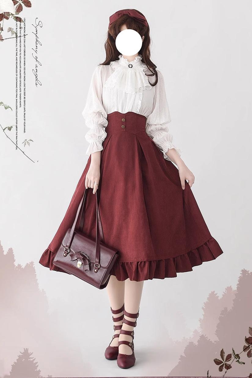 Misty Forest - Elegant Vintage Fishbone Lolita Long Skirt & Vest S Retro Red Skirt Only