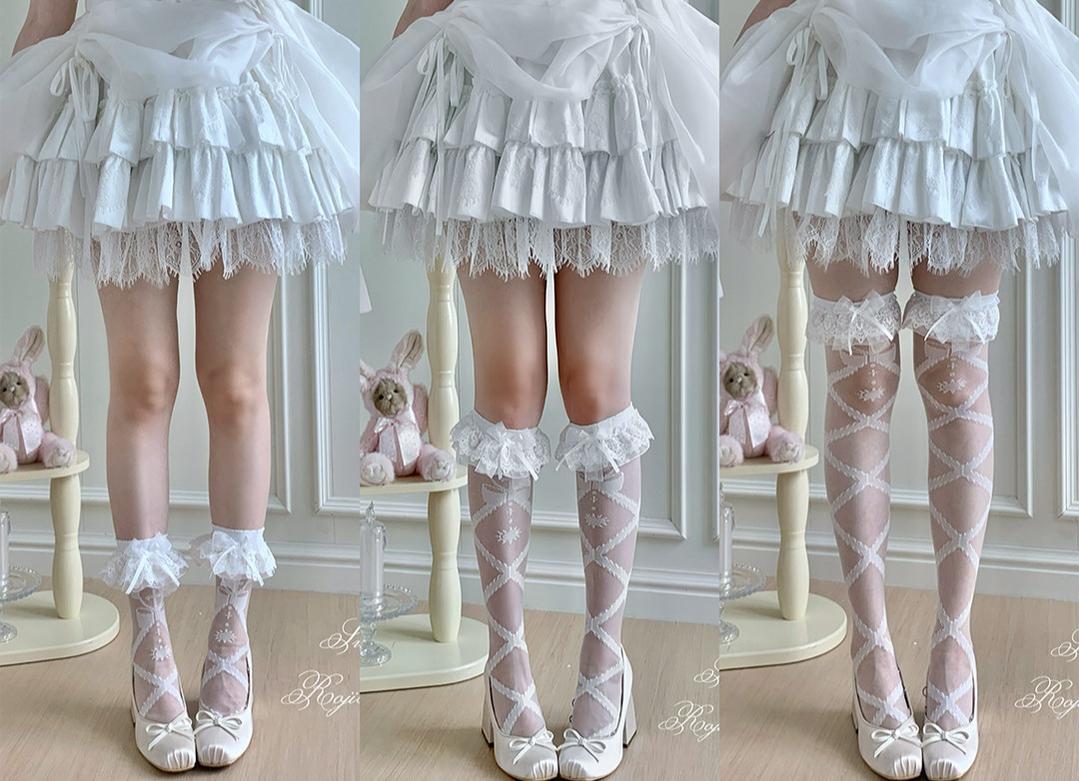 Roji Roji - Lolita Cross Printed Socks with - Layered Lace Trim Cuff Socks