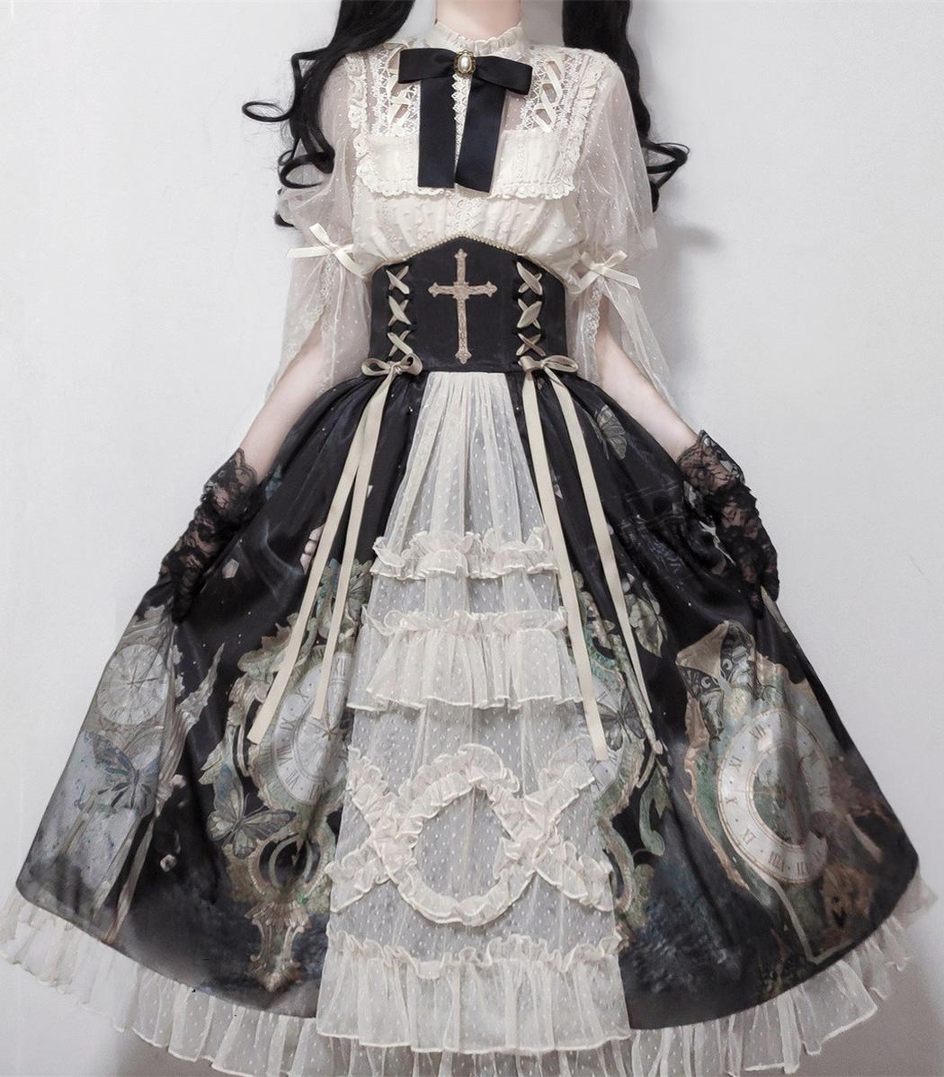 Your Princess - Clock Butterfly - Gothic Lolita Printed Blouse and Corset Skirt Set