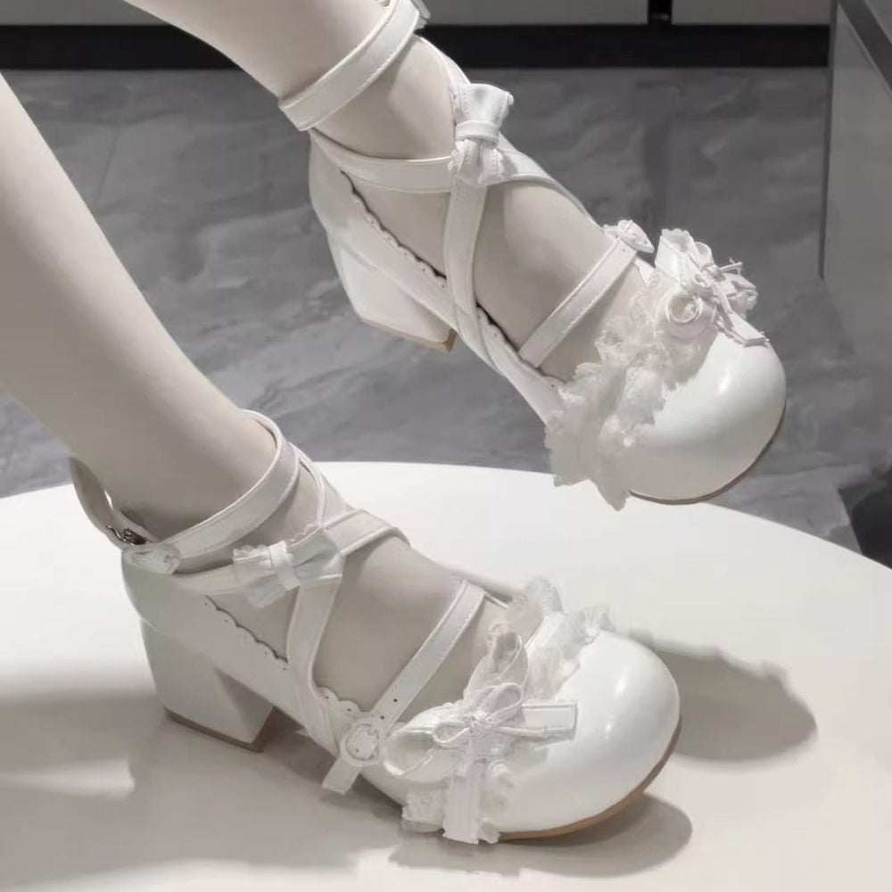 Wind Chime Whisper Lolita Shoes | Doll-Like Mid-Heel Lace Trim Sweet Mary Jane Leather Flats