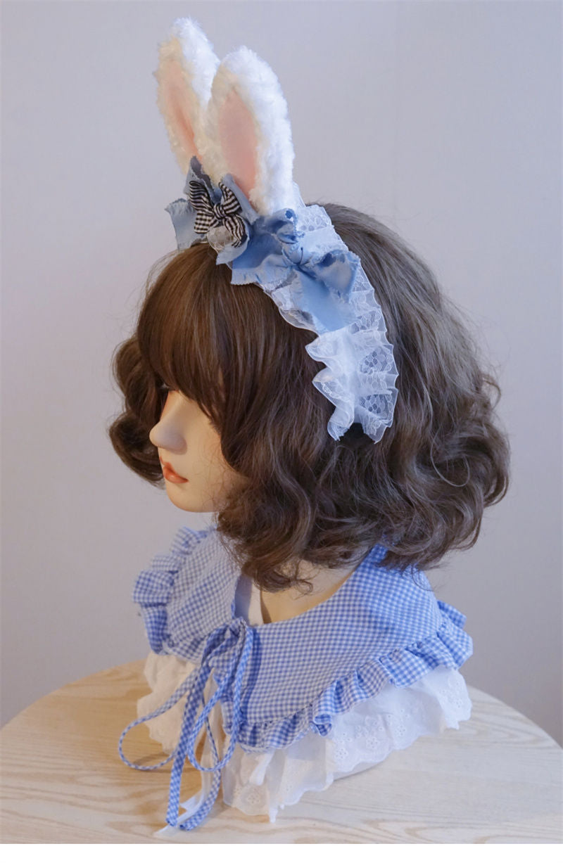 Original Handmade Light Blue Rabbit Ear Headband with Ruffled Edge Lolita Animal Ear Alice