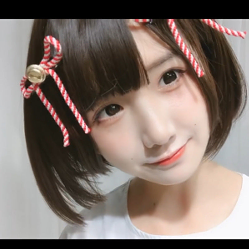 Cute Girl Red & White Striped Bell Bow Hair Clip Lolita Side Clip Style