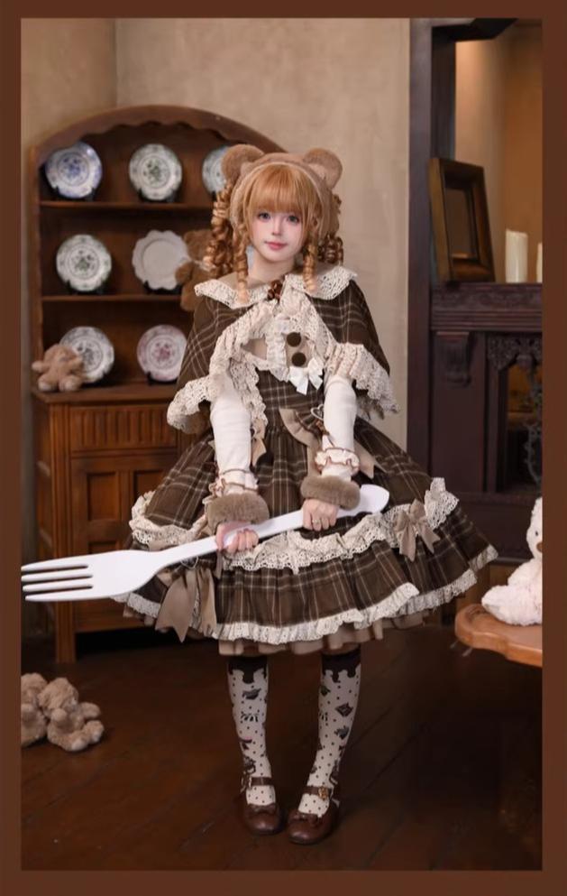 Qianmu - Choco Chestnut - Plaid Kawaii Lolita JSK Dress, Peter Pan Collar Cape