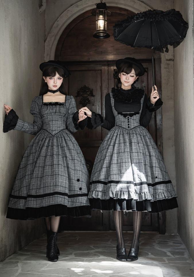 With PUJI - Yesterday's Epistle - Winter Classic Lolita Plaid Dress Set, Fishbone Waist