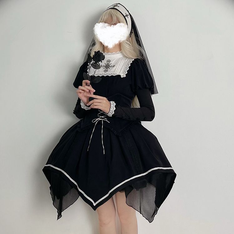 Handmade Original New Lolita Dark Night Saint Church Cross Embroidery Shiny Rhinestone Shawl Veil