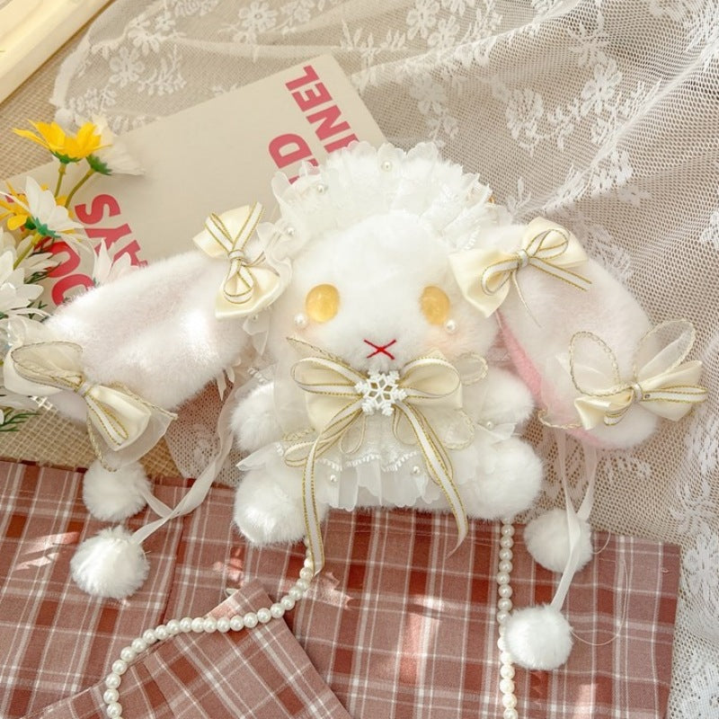 Lop-Eared Bunny Lolita Pearl Chain Doll Bag – 2025 Cute Bow Plush Shoulder Bag