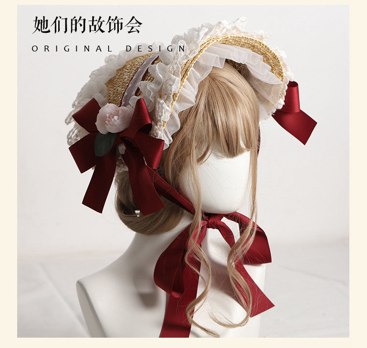 Lolita Hat Handmade Bonnet Multi-color Reminiscence BNT Original Design Pastoral Style Lolita Straw Hat for Women Summer