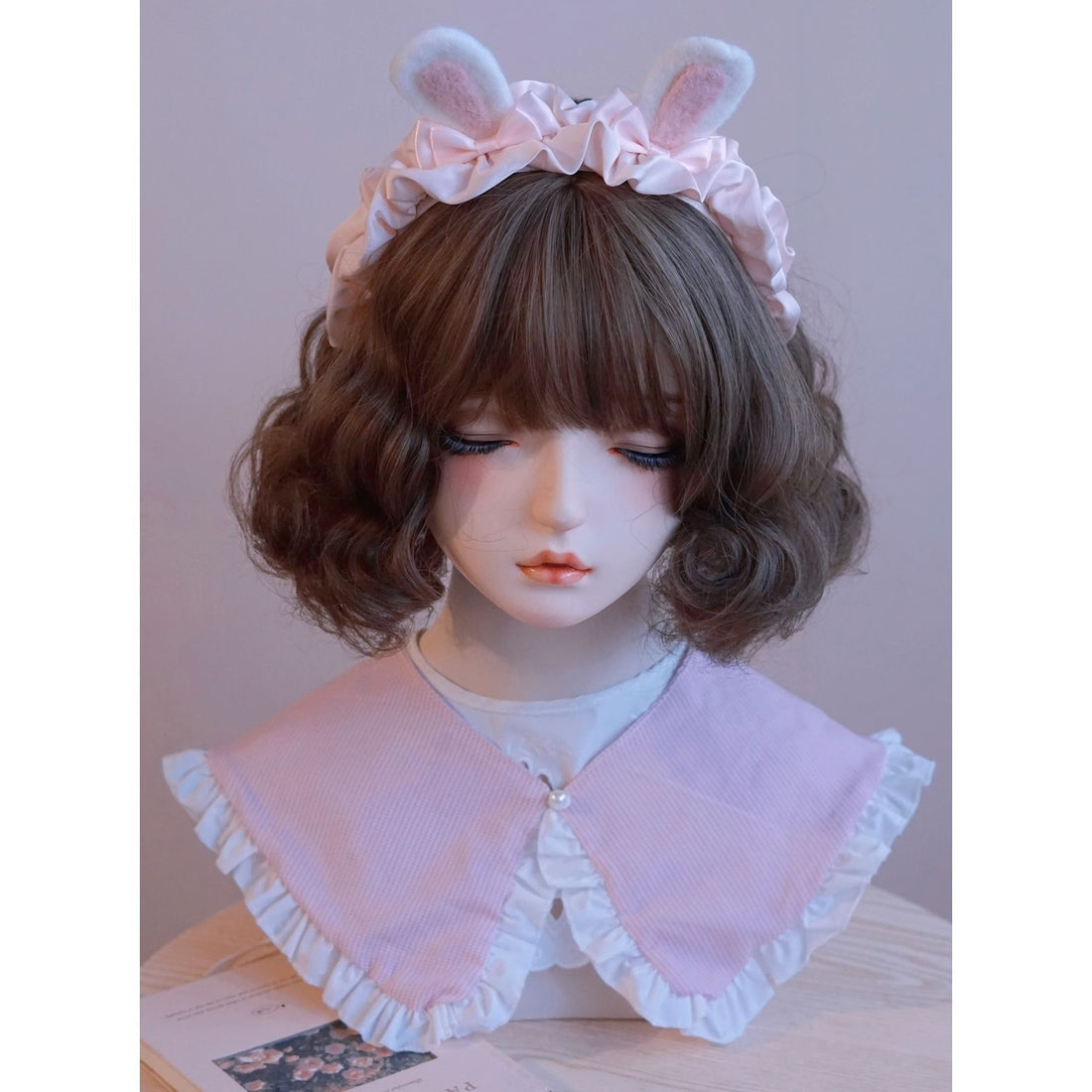Original Handmade Rabbit Ear Ruffled Pink Headband Lolita KC Rabbit Ear Headband