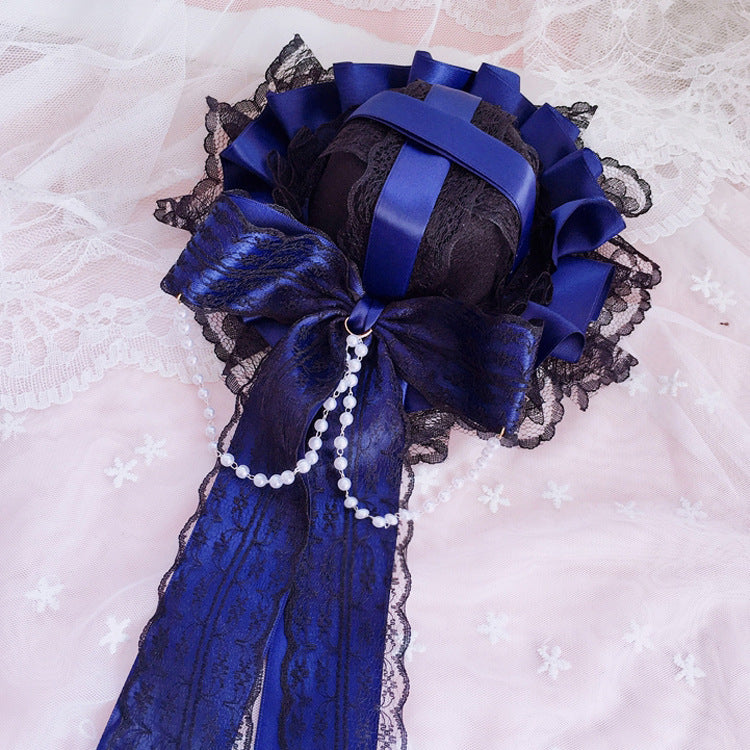 European Classical Dark Style Lace Pearl Bow Ribbon Party Hat Lolita T