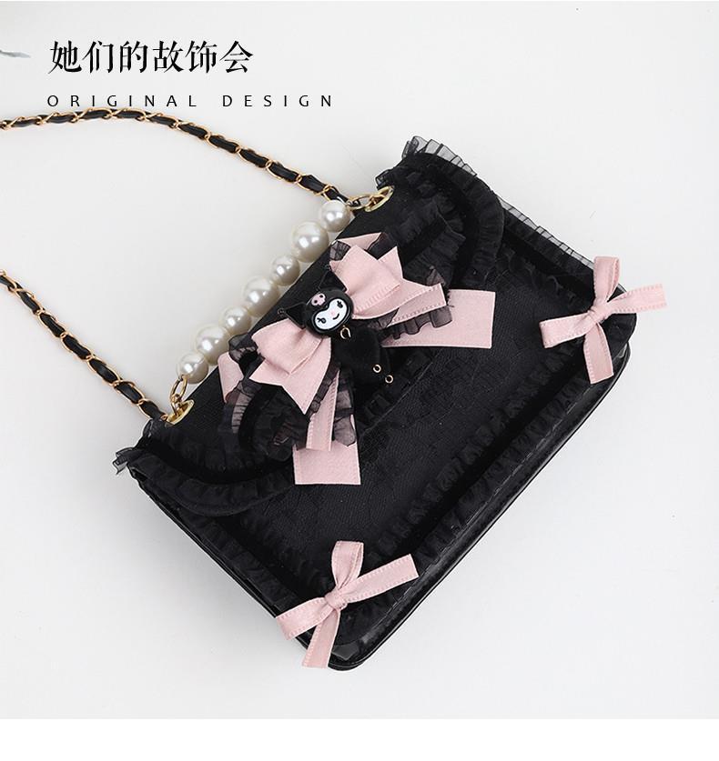 LolitaFetch character motif Lolita handbag featuring Kuromi and Cinnamoroll with lace accents and detailed embroidery.