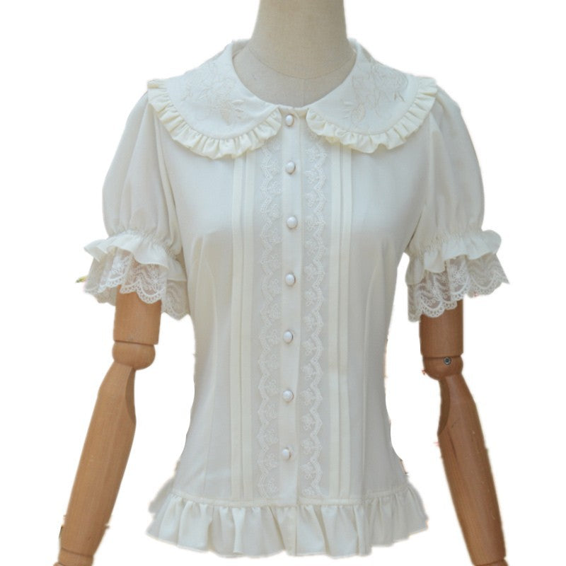 Sweet Elegant White Short - Sleeve Shirt - Embroidered Doll Collar + Lace Puff Sleeves
