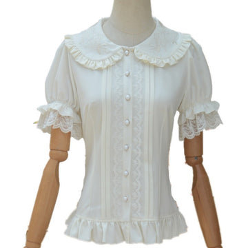 Sweet Elegant White Short - Sleeve Shirt - Embroidered Doll Collar + Lace Puff Sleeves