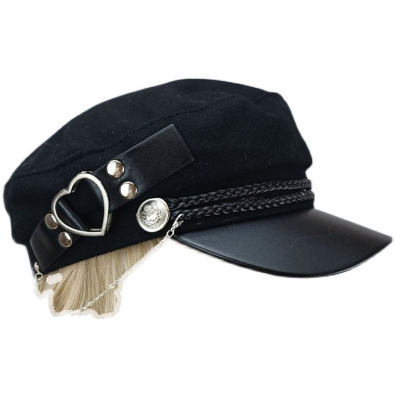 Original Woolen Military Lolita Beret Octagonal Hat Metal Hard Girl Joker Girl Punk Gothic Hat for Women - Lolita Fetch