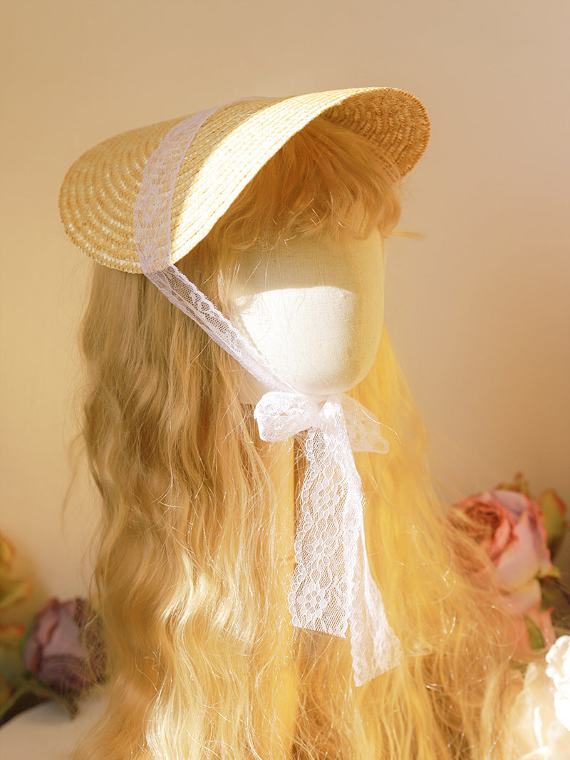 Vintage French Lolita straw flat hat with lace strap, handmade accessory by LolitaFetch, featuring a charming DIY-inspired design.