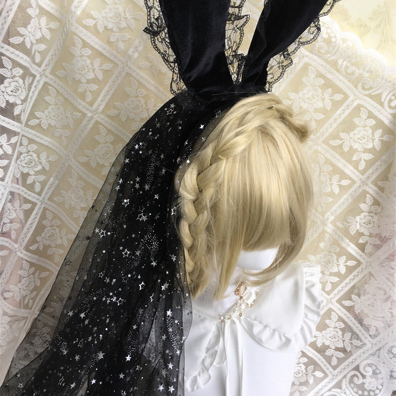 Dark gothic Lolita cat ear headband with rose and French star veil, featuring black bunny ears and intricate gothic design.