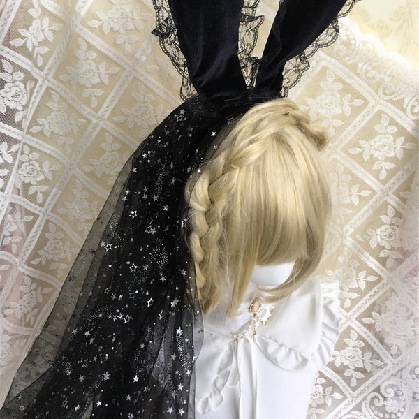 Dark gothic Lolita cat ear headband with rose and French star veil, featuring black bunny ears and intricate gothic design.